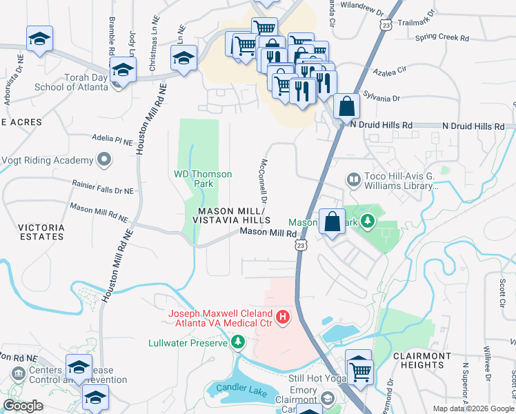 map of restaurants, bars, coffee shops, grocery stores, and more near 1026 McConnell Drive in Decatur