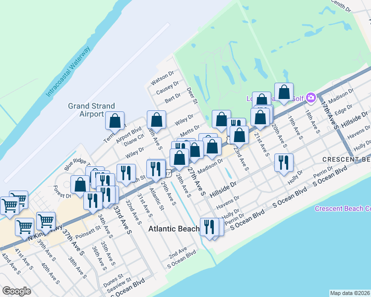 map of restaurants, bars, coffee shops, grocery stores, and more near Hilton Drive in North Myrtle Beach