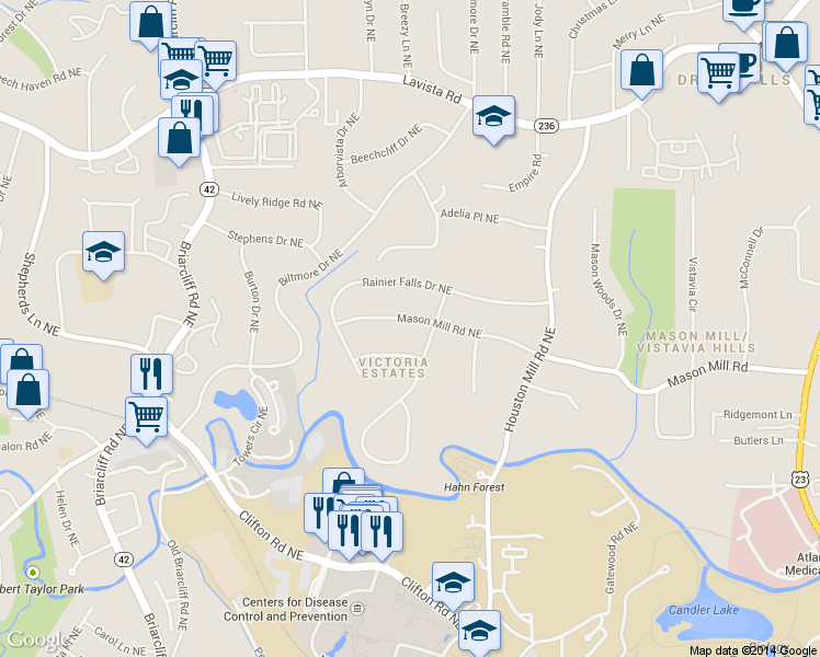 map of restaurants, bars, coffee shops, grocery stores, and more near 1551 Mason Mill Road Northeast in Atlanta