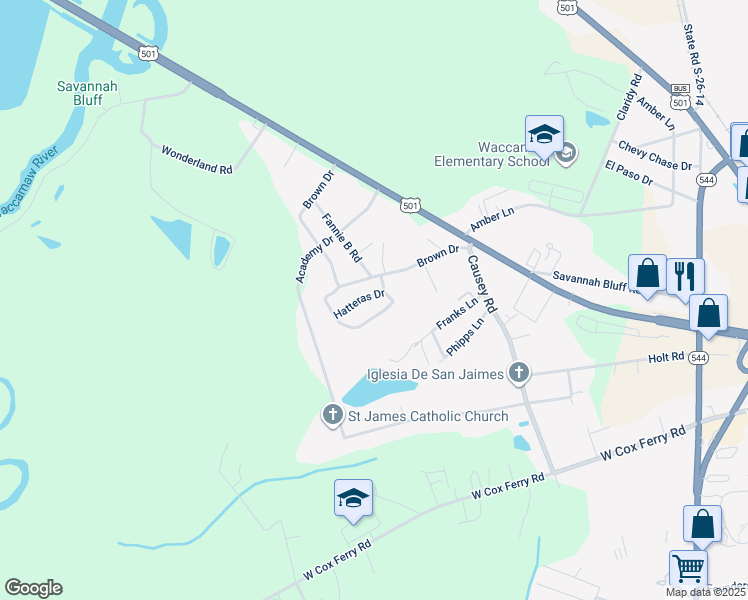 map of restaurants, bars, coffee shops, grocery stores, and more near 100 Hatteras Drive in Conway