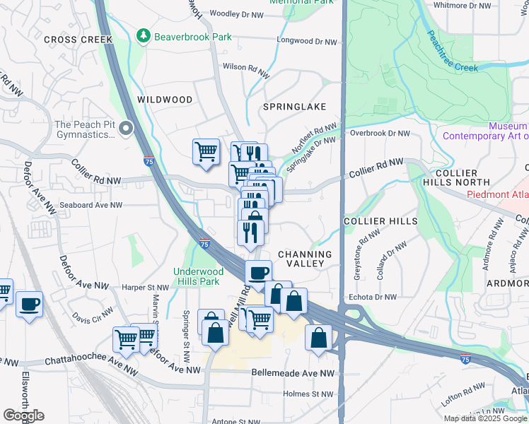 map of restaurants, bars, coffee shops, grocery stores, and more near 1971 Howell Mill Road Northwest in Atlanta