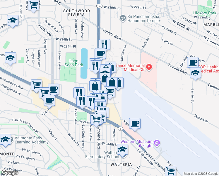 map of restaurants, bars, coffee shops, grocery stores, and more near 23868 Hawthorne Boulevard in Torrance