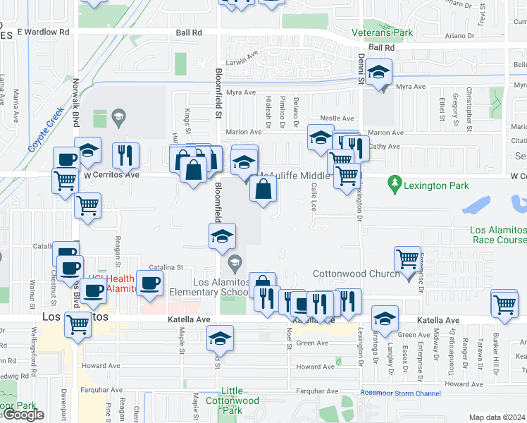 map of restaurants, bars, coffee shops, grocery stores, and more near 10843 Los Vaqueros Circle in Los Alamitos