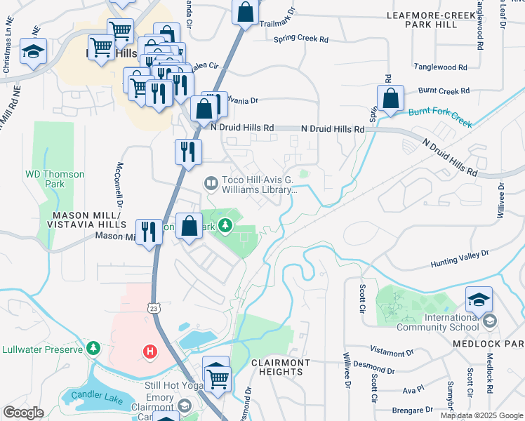 map of restaurants, bars, coffee shops, grocery stores, and more near 1891 Audubon Park Lane in Decatur