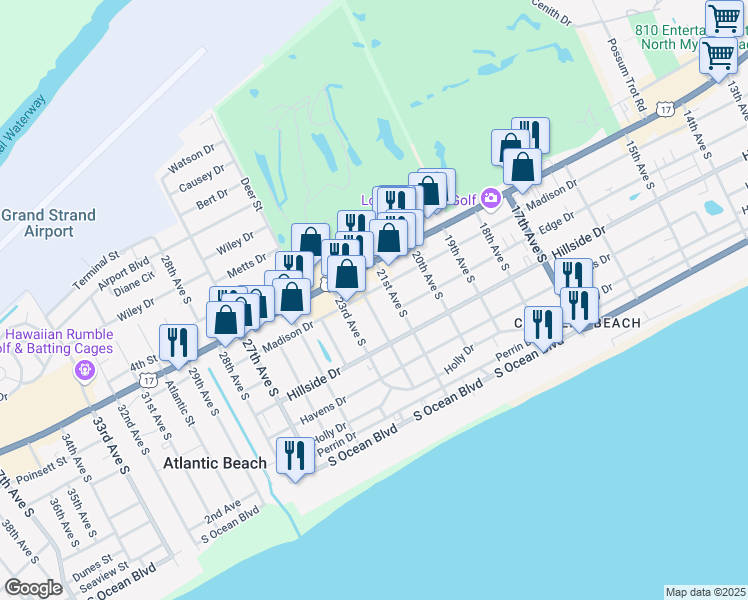 map of restaurants, bars, coffee shops, grocery stores, and more near 706 22nd Avenue South in North Myrtle Beach