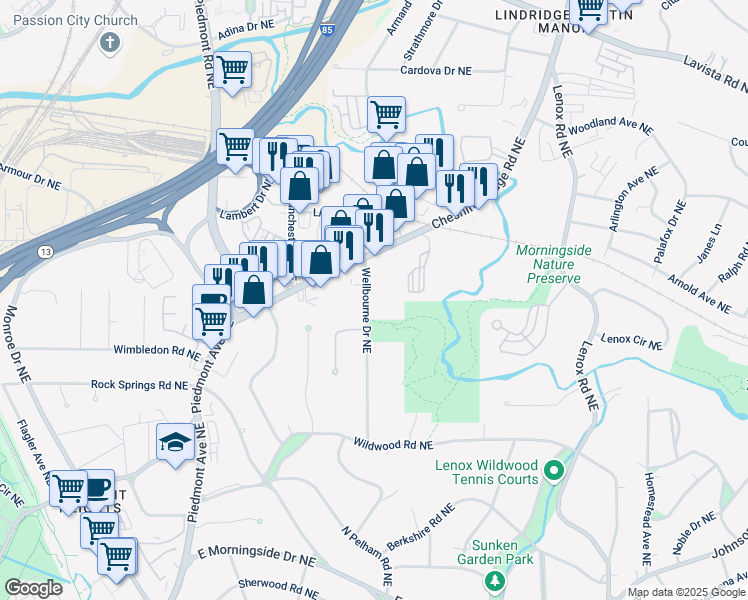map of restaurants, bars, coffee shops, grocery stores, and more near 1969 Wellbourne Drive Northeast in Atlanta