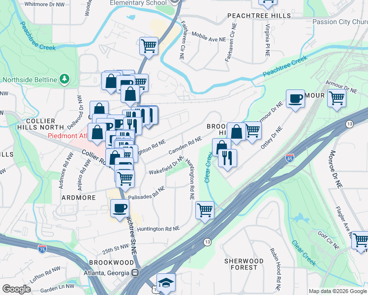 map of restaurants, bars, coffee shops, grocery stores, and more near 95 Camden Road Northeast in Atlanta