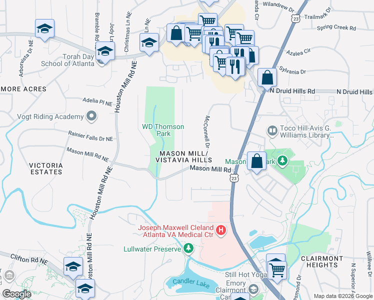 map of restaurants, bars, coffee shops, grocery stores, and more near 1028 Vistavia Circle in Decatur