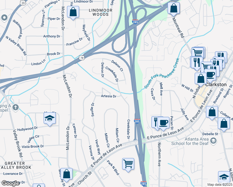 map of restaurants, bars, coffee shops, grocery stores, and more near 3316 Artesia Drive in Clarkston