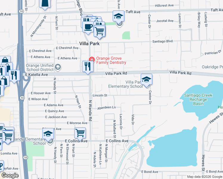 map of restaurants, bars, coffee shops, grocery stores, and more near 10582 Beardsley Circle in Villa Park