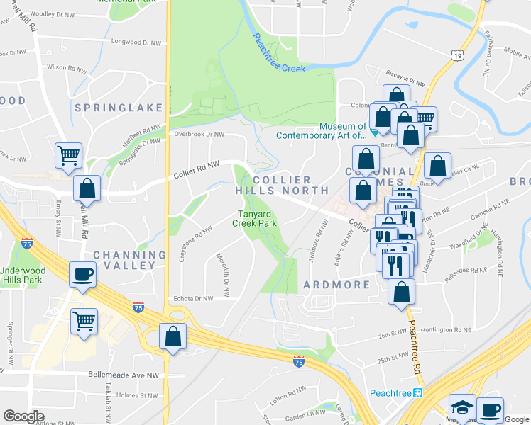 map of restaurants, bars, coffee shops, grocery stores, and more near 32 28th Street in Atlanta