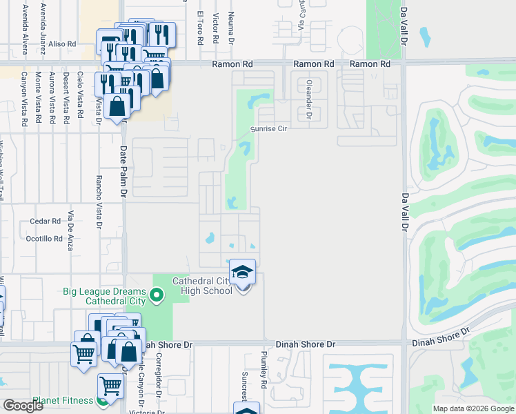 map of restaurants, bars, coffee shops, grocery stores, and more near Golf Course Circle in Cathedral City