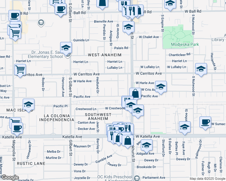 map of restaurants, bars, coffee shops, grocery stores, and more near 10622 Dixie Drive in Anaheim