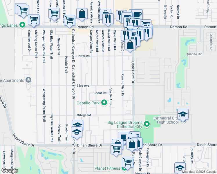 map of restaurants, bars, coffee shops, grocery stores, and more near 33015 Via De Anza in Cathedral City