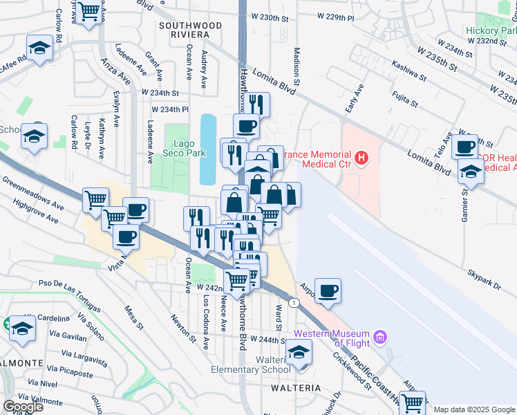 map of restaurants, bars, coffee shops, grocery stores, and more near 23868 Hawthorne Boulevard in Torrance