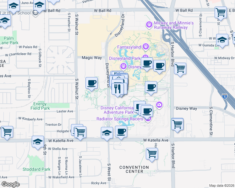 map of restaurants, bars, coffee shops, grocery stores, and more near in Anaheim