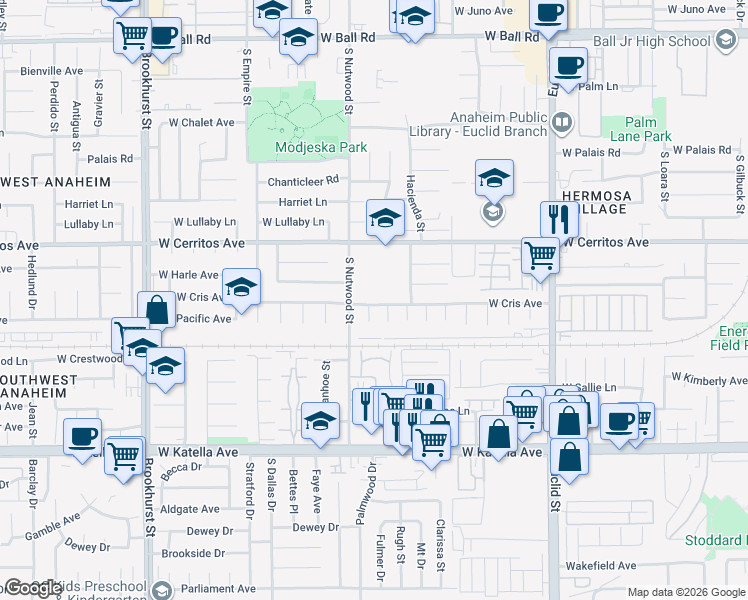 map of restaurants, bars, coffee shops, grocery stores, and more near 1546 South Nutwood Street in Anaheim