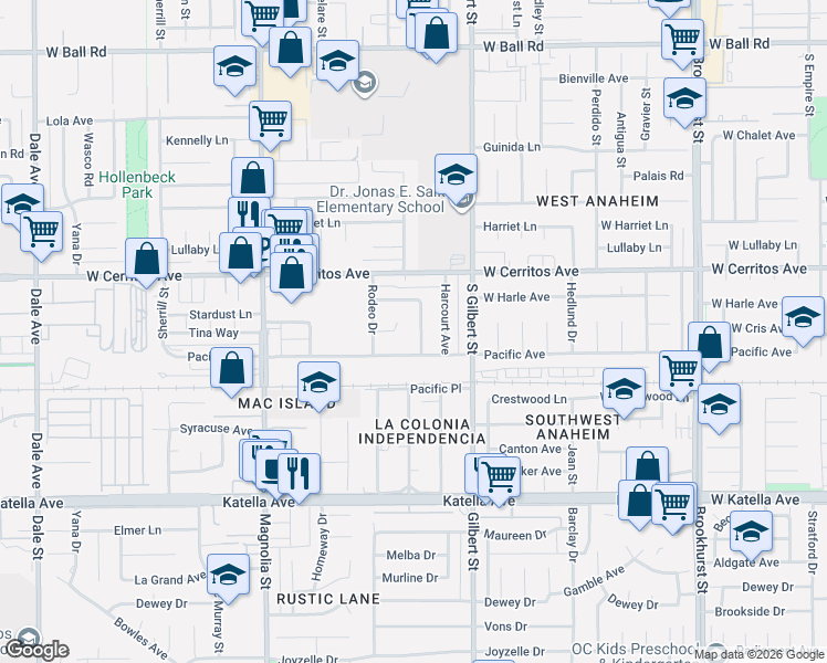 map of restaurants, bars, coffee shops, grocery stores, and more near 9302 Tina Way in Anaheim