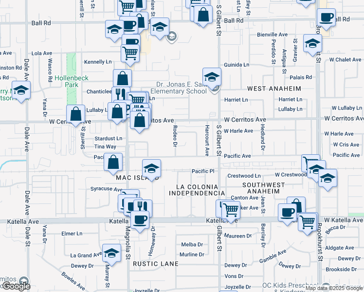 map of restaurants, bars, coffee shops, grocery stores, and more near 9302 Tina Way in Anaheim