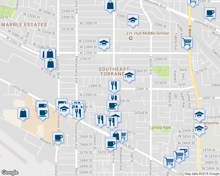 map of restaurants, bars, coffee shops, grocery stores, and more near 23751 Narbonne Avenue in Torrance