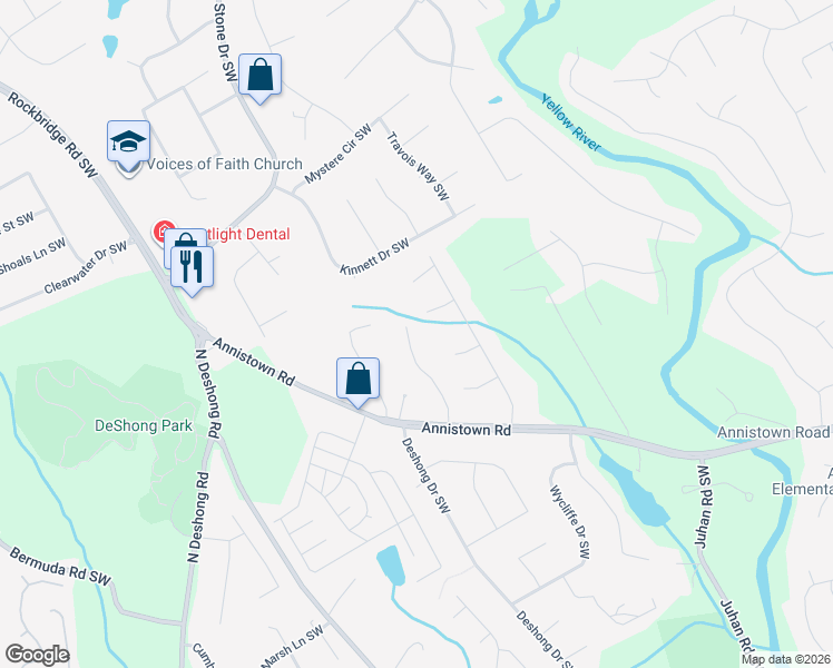 map of restaurants, bars, coffee shops, grocery stores, and more near 2808 Cherokee Cove Southwest in Stone Mountain