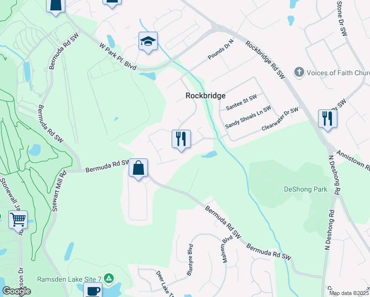 map of restaurants, bars, coffee shops, grocery stores, and more near 2513 Rockwood Way Southwest in Stone Mountain