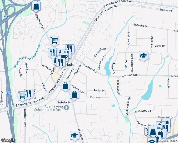 map of restaurants, bars, coffee shops, grocery stores, and more near 3775 Norman Road in Clarkston
