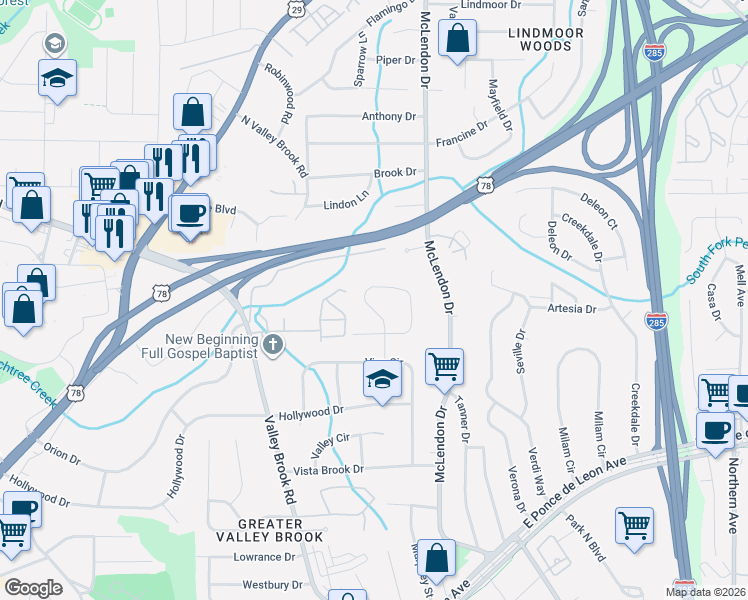 map of restaurants, bars, coffee shops, grocery stores, and more near 1061 Greenbriar Circle in Decatur
