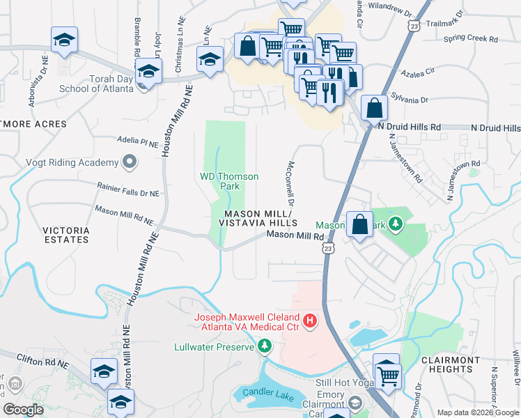 map of restaurants, bars, coffee shops, grocery stores, and more near 1028 Vistavia Circle in Decatur