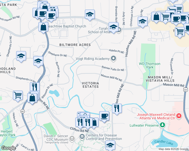 map of restaurants, bars, coffee shops, grocery stores, and more near 1551 Mason Mill Road Northeast in Atlanta