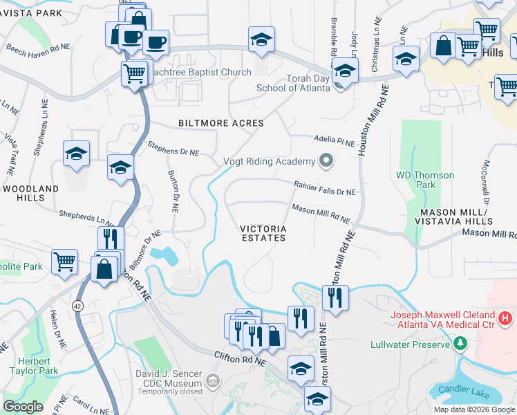 map of restaurants, bars, coffee shops, grocery stores, and more near 1525 Mason Mill Road Northeast in Atlanta
