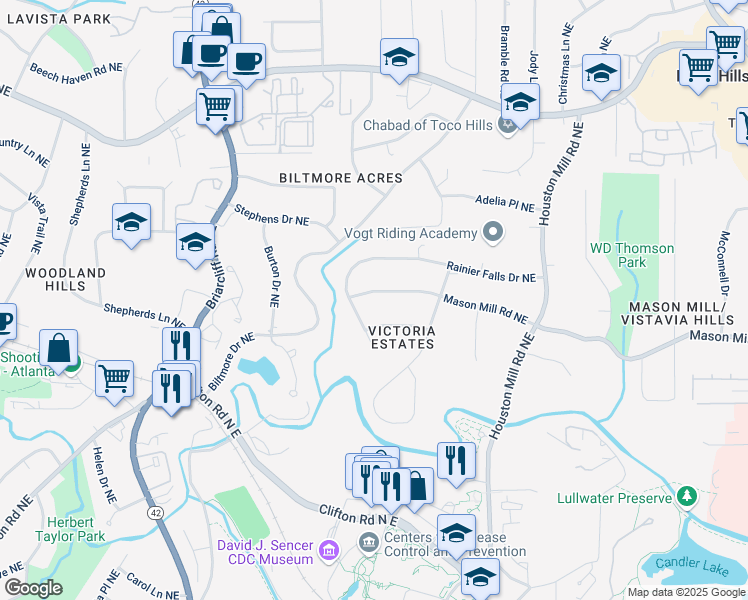 map of restaurants, bars, coffee shops, grocery stores, and more near 1497 Mason Mill Road Northeast in Atlanta