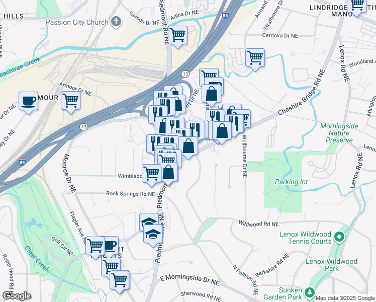 map of restaurants, bars, coffee shops, grocery stores, and more near 1776 Cheshire Bridge Road Northeast in Atlanta