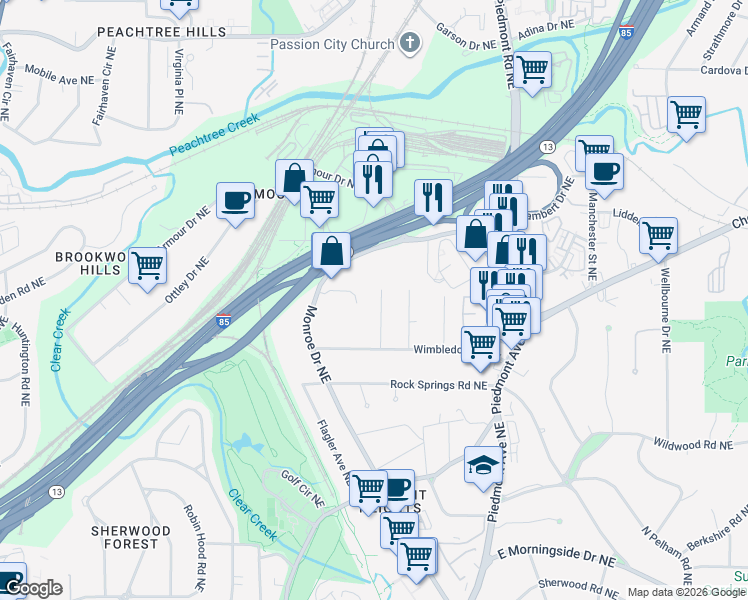 map of restaurants, bars, coffee shops, grocery stores, and more near 1971 Kilburn Drive Northeast in Atlanta