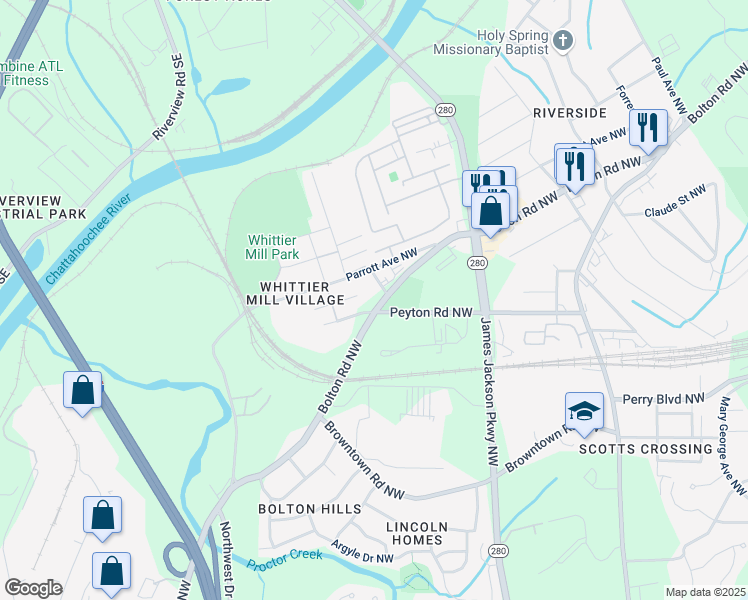 map of restaurants, bars, coffee shops, grocery stores, and more near 1956 Bolton Road Northwest in Atlanta