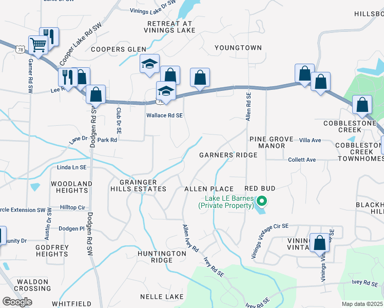 map of restaurants, bars, coffee shops, grocery stores, and more near 110 Ridge Court Southeast in Mableton
