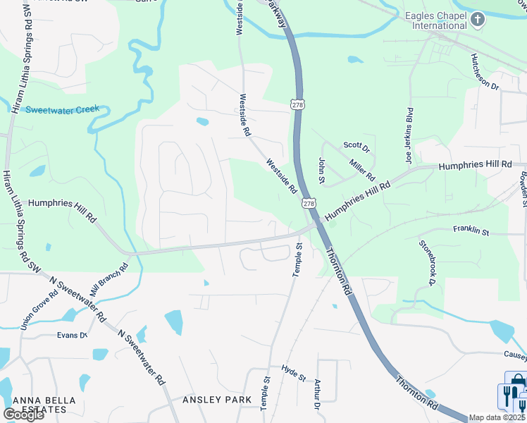 map of restaurants, bars, coffee shops, grocery stores, and more near 6230 Kensington Court in Austell