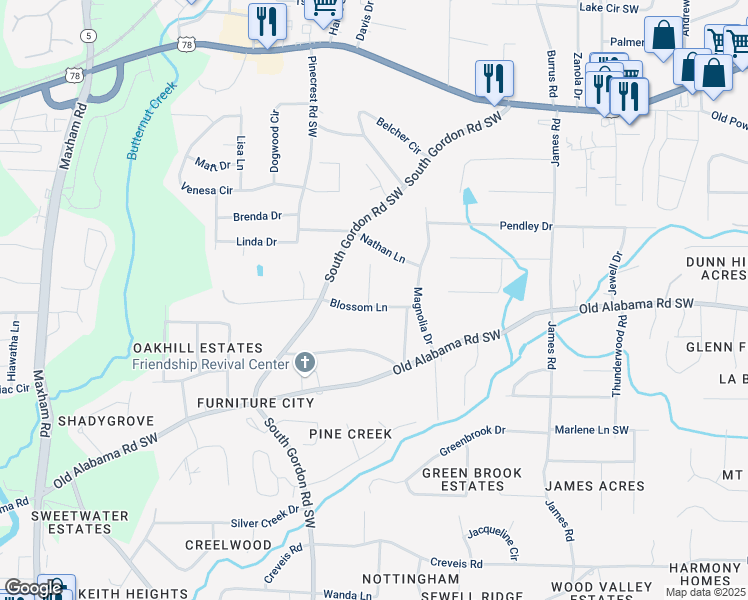 map of restaurants, bars, coffee shops, grocery stores, and more near 1766 Blossom Lane in Austell