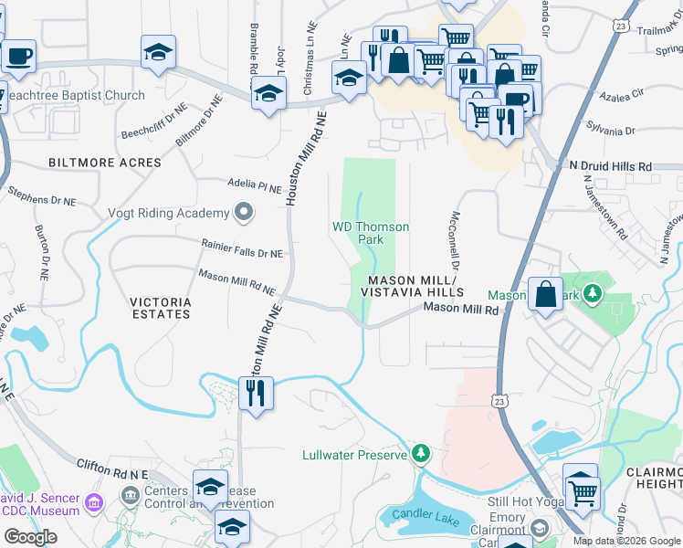 map of restaurants, bars, coffee shops, grocery stores, and more near 1010 Mason Woods Drive Northeast in Atlanta