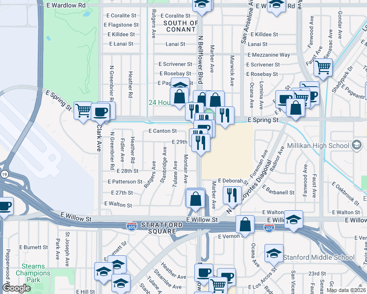 map of restaurants, bars, coffee shops, grocery stores, and more near 2879 Montair Avenue in Long Beach