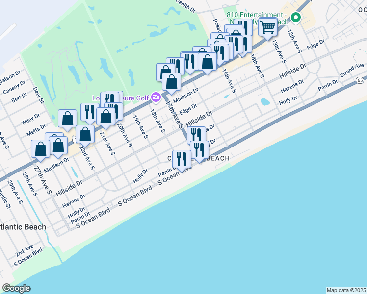map of restaurants, bars, coffee shops, grocery stores, and more near 1705 Havens Drive in North Myrtle Beach