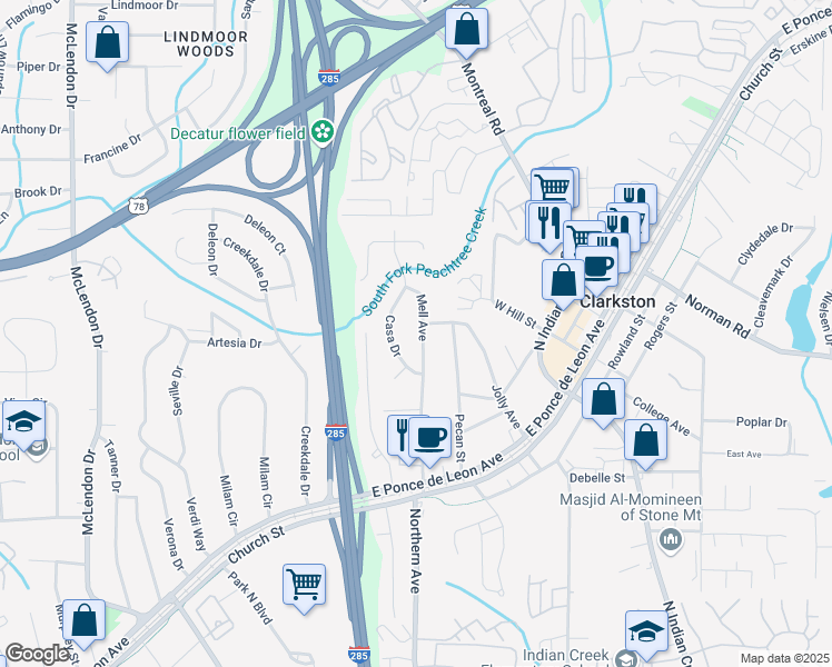 map of restaurants, bars, coffee shops, grocery stores, and more near 1022 Mell Avenue in Clarkston