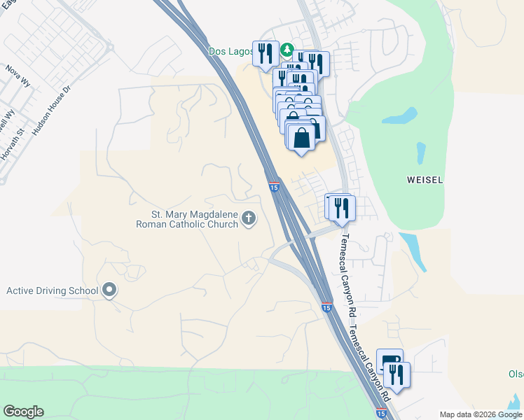map of restaurants, bars, coffee shops, grocery stores, and more near Nob Hill Road in Corona