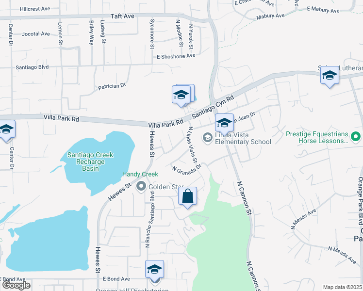 map of restaurants, bars, coffee shops, grocery stores, and more near 5112 East Valencia Drive in Orange