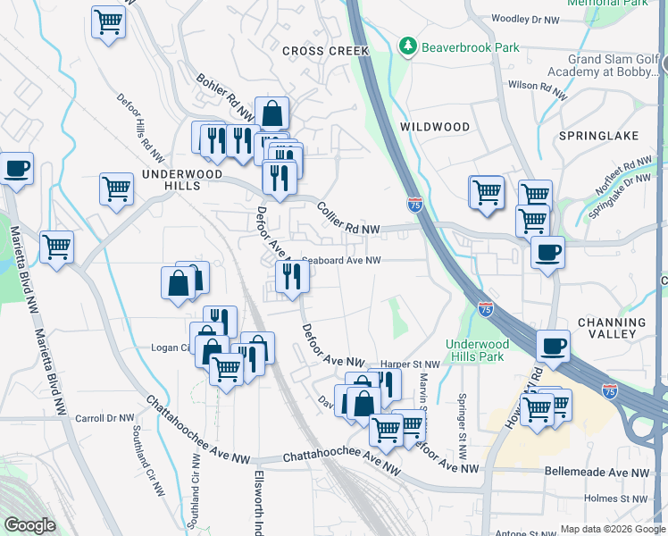 map of restaurants, bars, coffee shops, grocery stores, and more near 1090 Seaboard Avenue Northwest in Atlanta