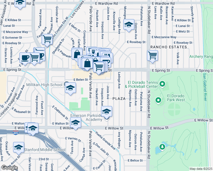map of restaurants, bars, coffee shops, grocery stores, and more near 2857 Josie Avenue in Long Beach