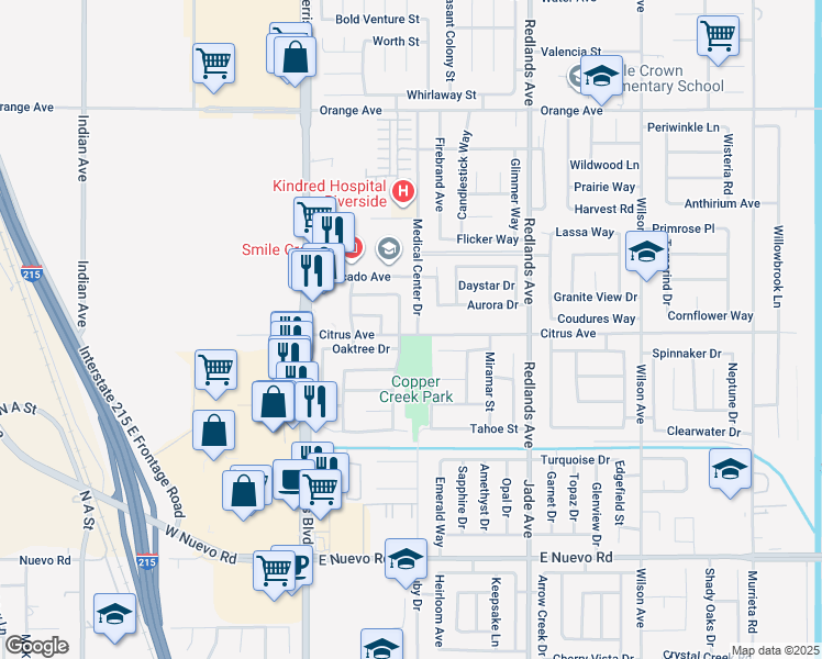 map of restaurants, bars, coffee shops, grocery stores, and more near 2002 Medical Center Drive in Perris