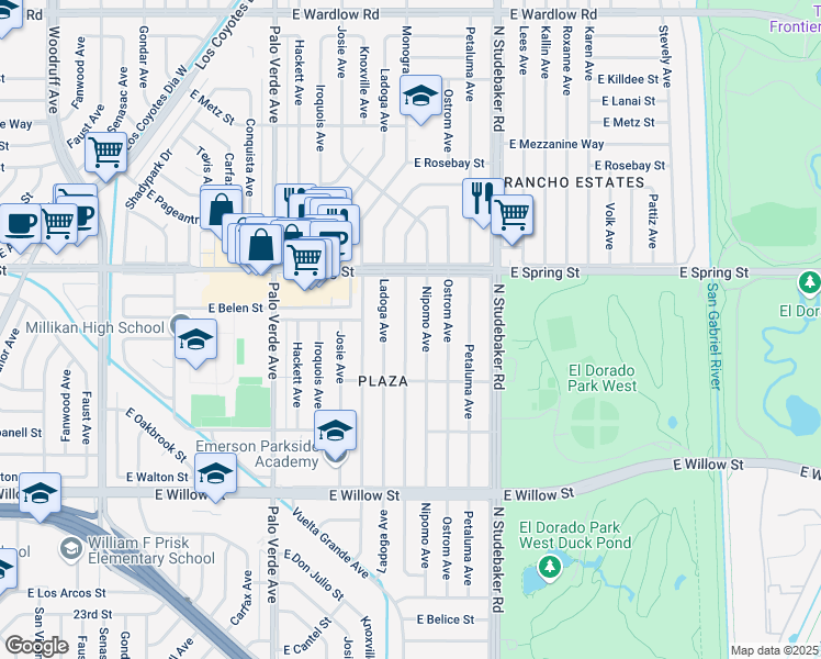 map of restaurants, bars, coffee shops, grocery stores, and more near 2856 Monogram Avenue in Long Beach