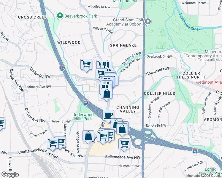 map of restaurants, bars, coffee shops, grocery stores, and more near 1971 Howell Mill Road Northwest in Atlanta