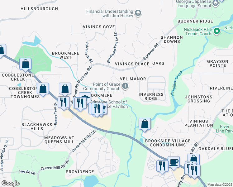 map of restaurants, bars, coffee shops, grocery stores, and more near 980 Highland Village Trail in Mableton